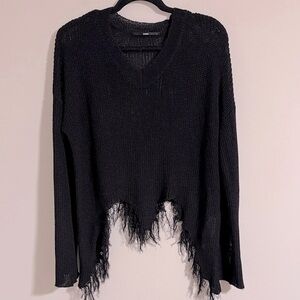 DIGS NYC shredded v neck cropped sweater black semi sheer knit NWT fall